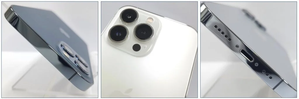 Three macro photographs of a Grade A iPhone: the side rail, the camera array and the charge port, shot on a white light table.