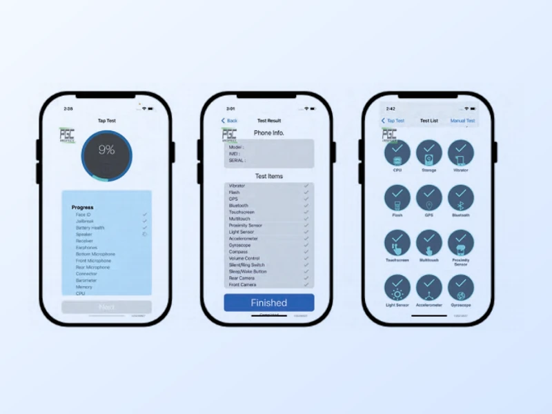Three screens of IAG's testing app: a test in progress, a completed result list, and the grid of hardware checks